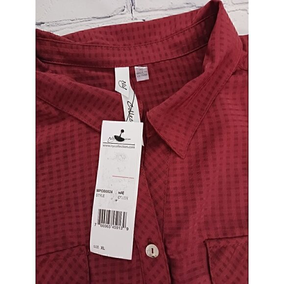NY Collection 3/4 Sleeve Windowpane Blouse, Color Wine/NWT, Size XL - Picture 2 of 3